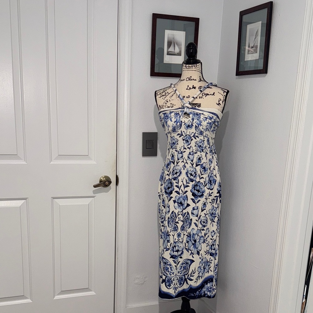 FARM Elegant Blue and White Floral Dress NWT
